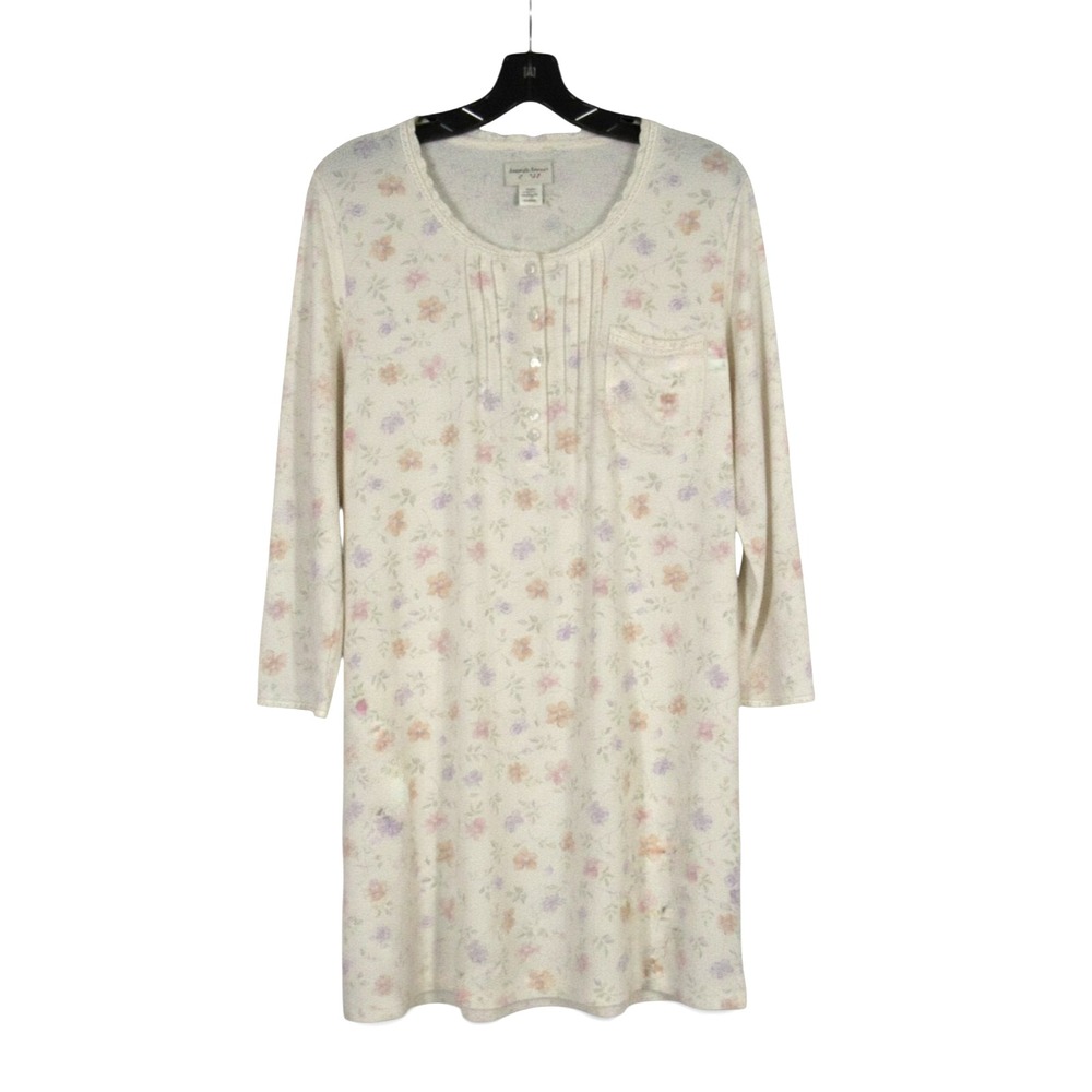 AMANDA STEWART White THERMAL KNIT Ruffle Trim FLORAL 1/4 Button NIGHTGOWN Sz OS
